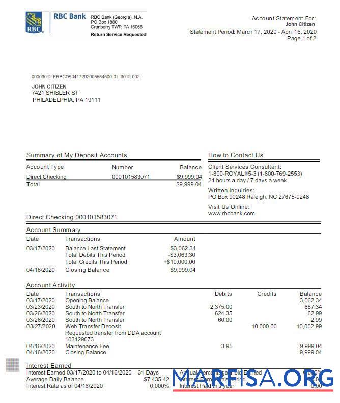 Blank USA RBC bank statement word version 2 real example